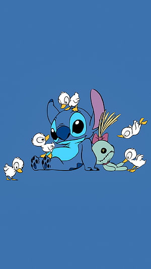 Stitch and Angel with Baby Ducks on a Solid Blue Background HD phone wallpaper