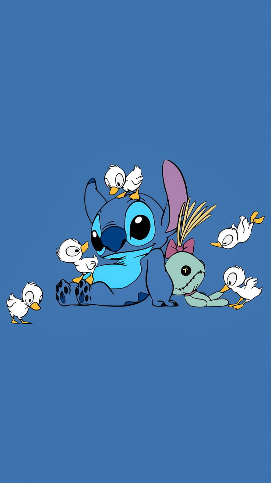 Stitch and Angel with Baby Ducks on a Solid Blue Background HD phone wallpaper