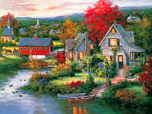 Painted Autumn Countryside with River, Red Barn, and Glowing Cottages HD wallpaper