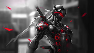 Red Genji Overwatch Character Digital Art with Glowing Armor and Katana HD wallpaper