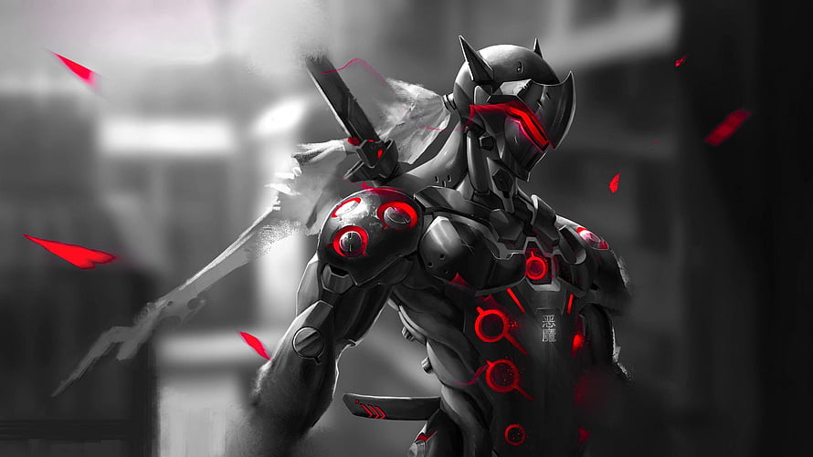Red Genji Overwatch Character Digital Art with Glowing Armor and Katana HD wallpaper