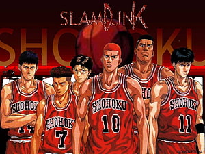 Slam Dunk Anime Team Portrait in Red Shohoku Basketball Uniforms HD wallpaper