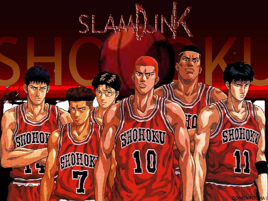 Slam Dunk Anime Team Portrait in Red Shohoku Basketball Uniforms HD wallpaper
