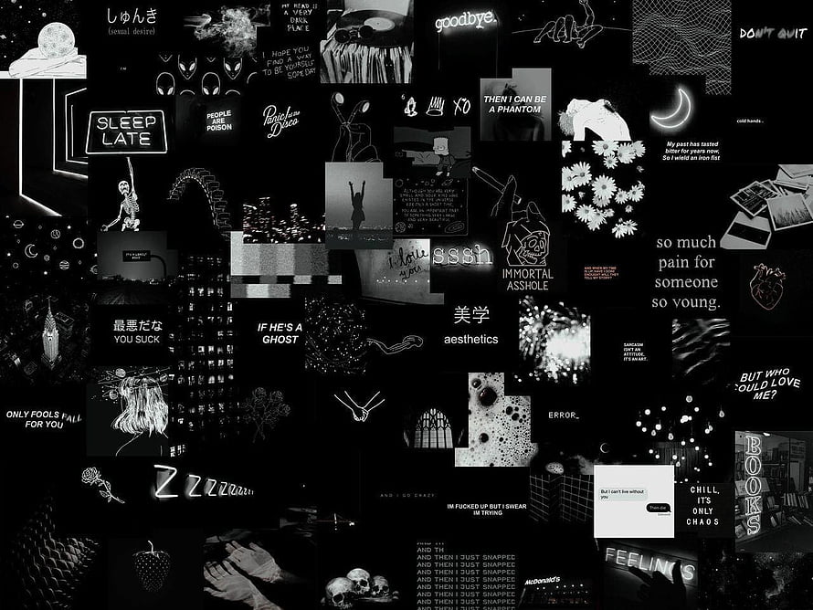 Dark Grunge Aesthetic Collage with Black and White Typography and Edgy Illustrations HD wallpaper