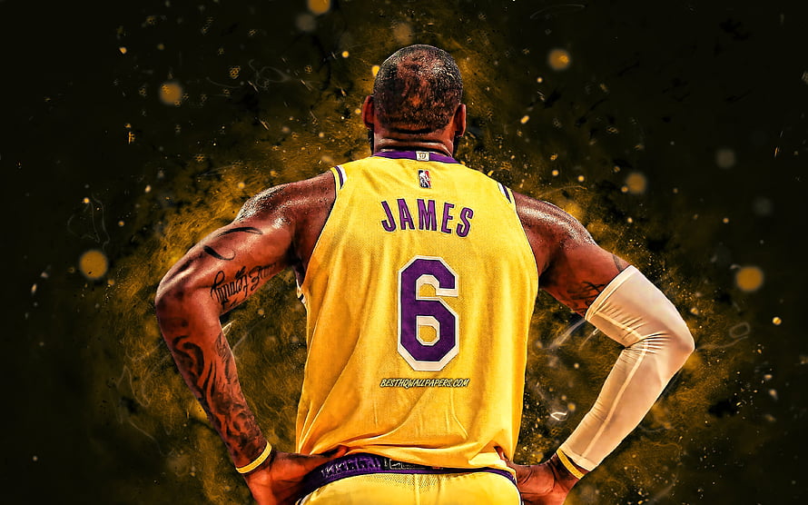 LeBron James Los Angeles Lakers Jersey Back View with Golden Particle Effects HD wallpaper