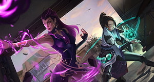 Reyna and Sage from Valorant channeling purple and teal energy in a dynamic action scene HD wallpaper