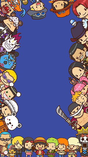 One Piece Chibi Character Border Wallpaper with Straw Hat Crew and Villains on Blue Background HD phone wallpaper