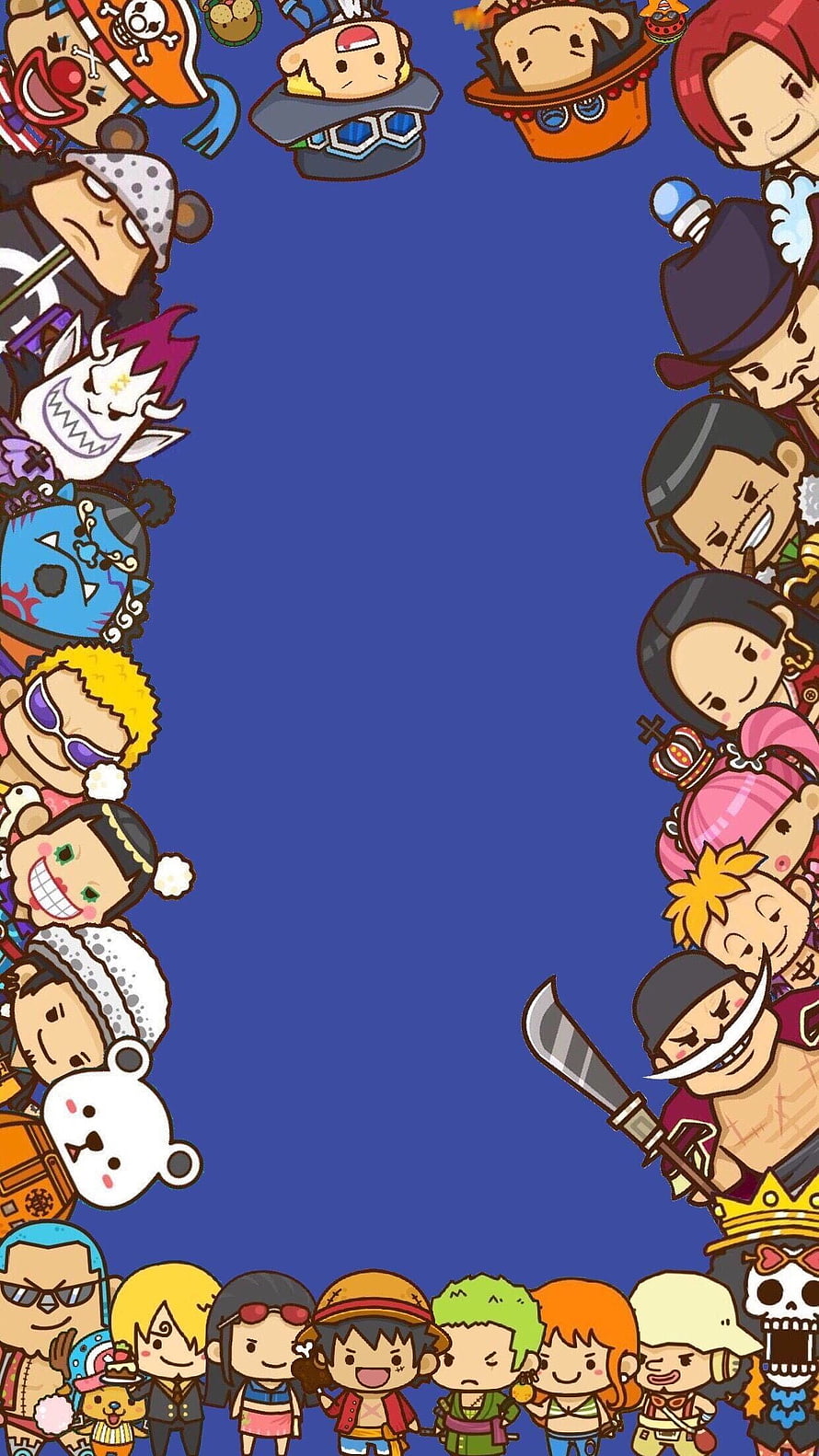 One Piece Chibi Character Border Wallpaper with Straw Hat Crew and Villains on Blue Background HD phone wallpaper