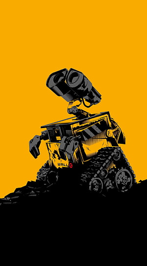 WALL-E Robot Standing on Debris Against a Bold Yellow Background HD phone wallpaper