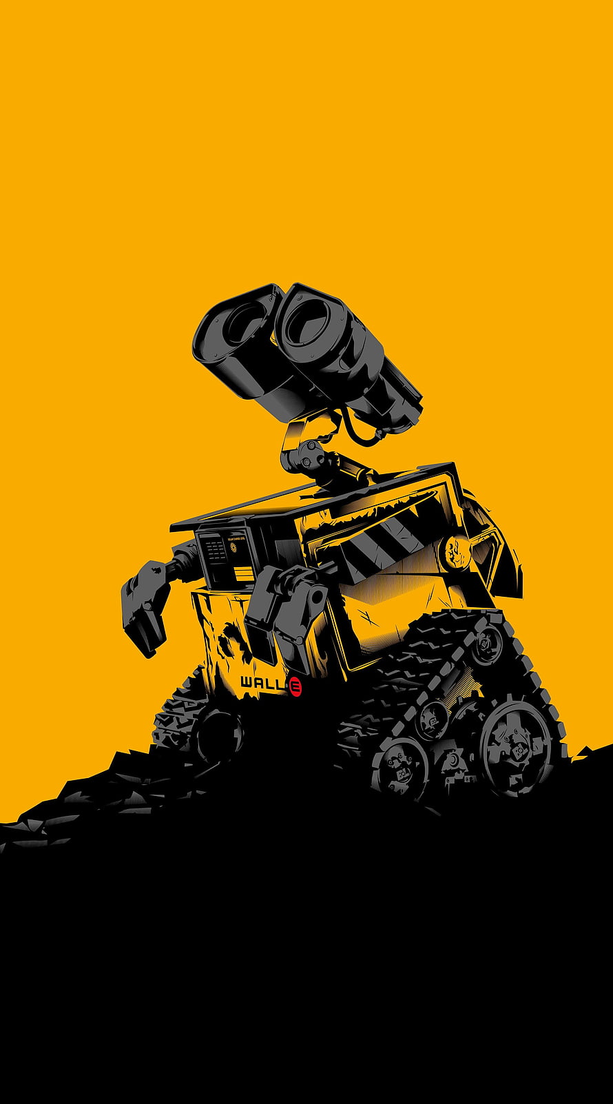 WALL-E Robot Standing on Debris Against a Bold Yellow Background HD phone wallpaper