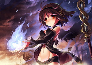 Dark Fantasy Anime Girl With Black Wings And Blue Flame Magic HD wallpaper