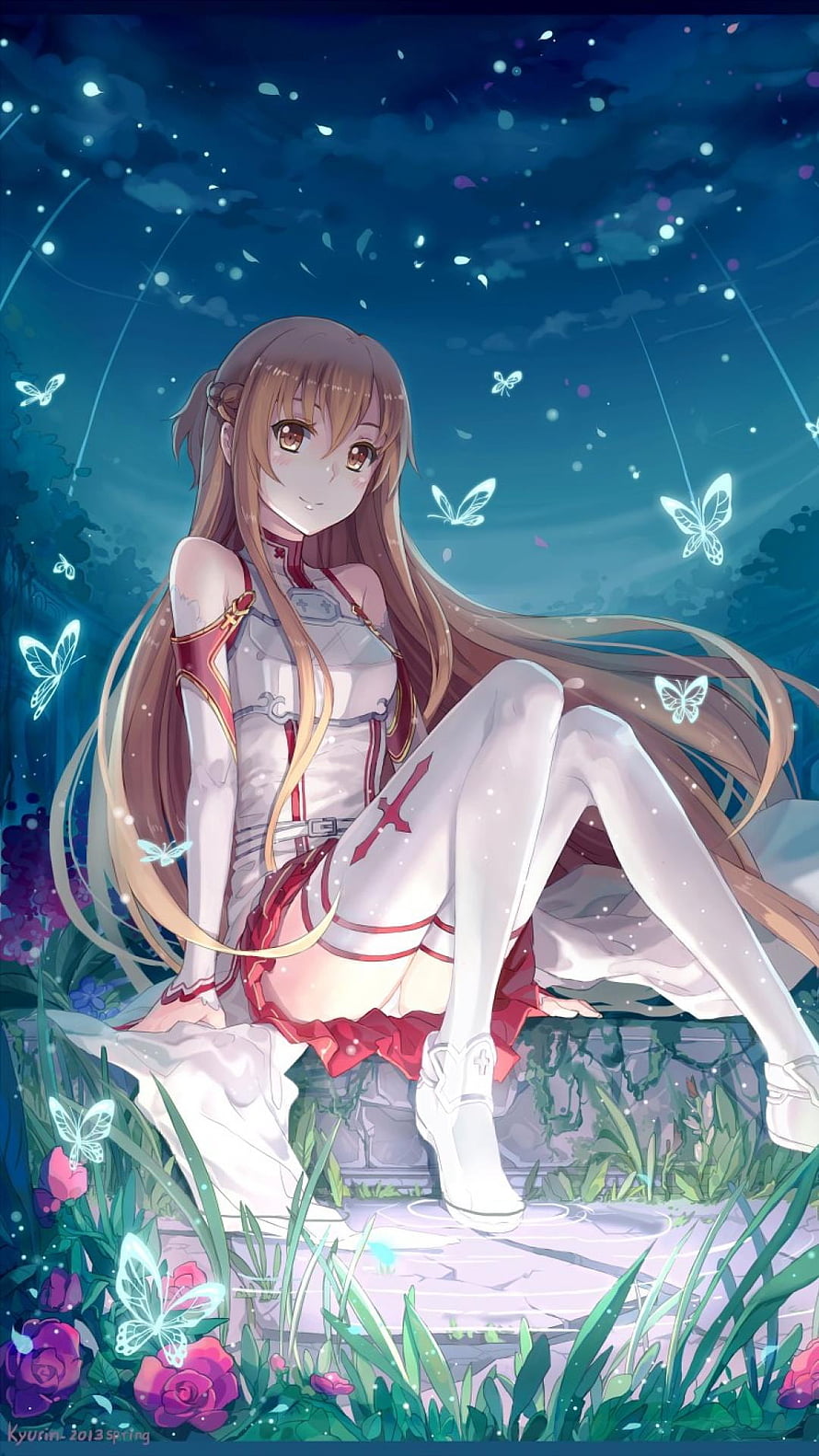 Asuna from Sword Art Online in White Armor Sitting in a Moonlit Garden with Glowing Butterflies HD phone wallpaper