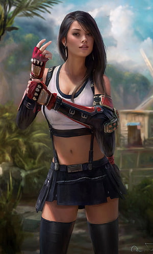 Tifa Lockhart in Tactical Gear with Jungle Ruins Background HD phone wallpaper