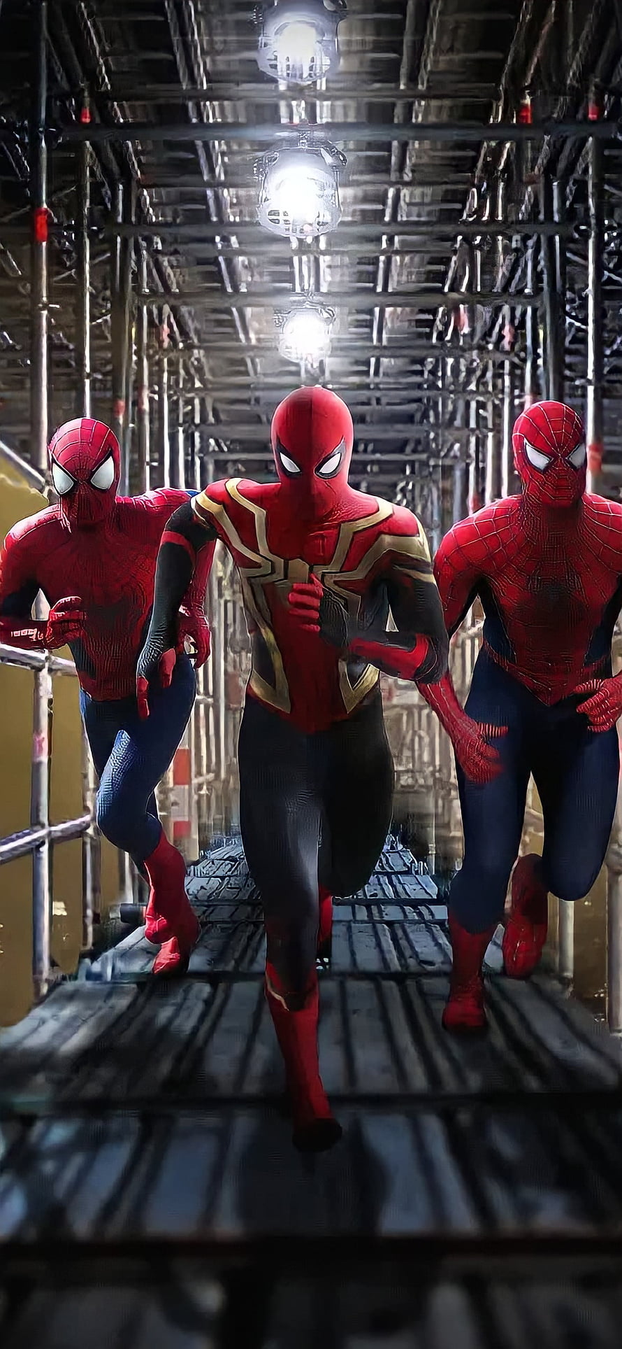 Three Spider-Man Variants Running Through Industrial Scaffolding in No Way Home, Spider-Man No Way Home, Superman, Superheroes, Batman, Nowayhome, Ironman, Avengers, Marvel, Spiderman, DC HD phone wallpaper
