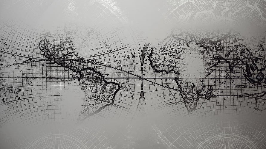 Vintage World Map with Navigation Routes and Graticule Grid HD wallpaper