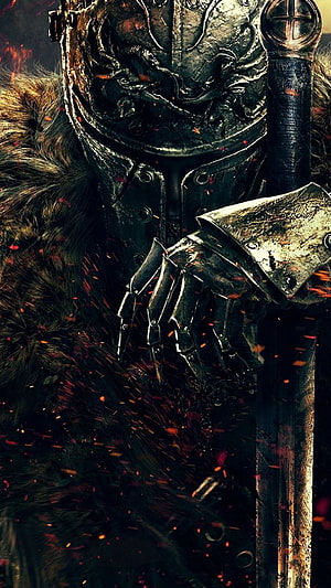 Dark Souls Knight in Ornate Armor Holding Sword with Flying Embers HD phone wallpaper