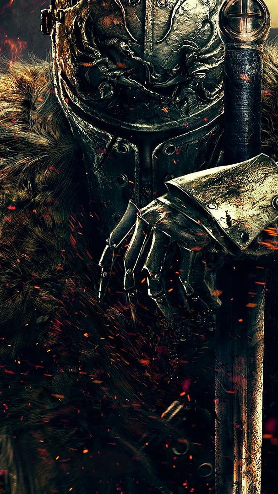 Dark Souls Knight in Ornate Armor Holding Sword with Flying Embers HD phone wallpaper