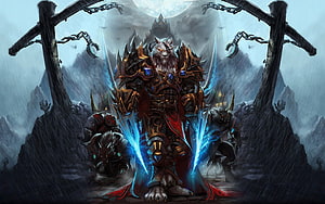 World of Warcraft Worgen Warrior in Ornate Armor with Frost Blades and Dire Wolves HD wallpaper