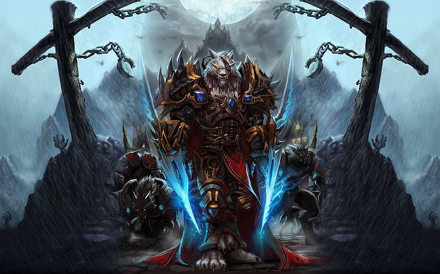 World of Warcraft Worgen Warrior in Ornate Armor with Frost Blades and Dire Wolves HD wallpaper