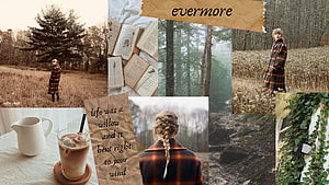 Taylor Swift Evermore Album Aesthetic Collage with Autumn Forest and Coffee HD wallpaper