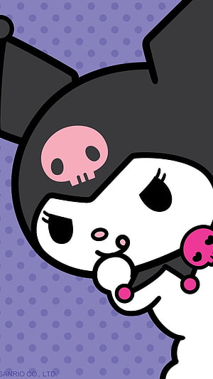 Kuromi Sanrio Character with Pink Skull on Purple Polka Dot Background HD phone wallpaper