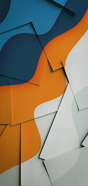 Layered Paper Art Abstract Composition with Orange, Blue, and White Geometric Shapes HD phone wallpaper