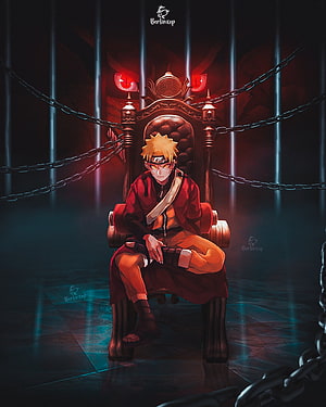 Naruto Uzumaki Seated on a Throne in a Dark Prison Cell with Chains and Red Eyes HD phone wallpaper
