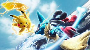 Pikachu and Lucario Battle Scene in Pokemon Legends Arceus HD wallpaper