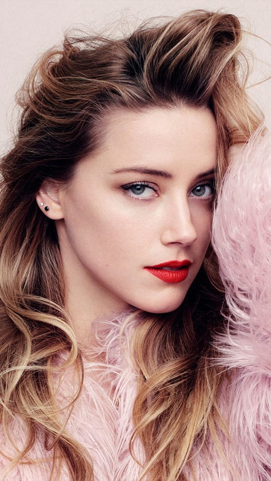 Amber Heard Portrait with Voluminous Hair and Pink Feathered Garment HD phone wallpaper