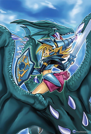 Dark Magician Girl and Dragon Knight in Blue Armor with Sword and Shield HD phone wallpaper