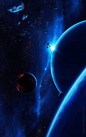 Vast Cosmic Scene Featuring Glowing Blue Planets, Asteroids, and a Distant Star in Deep Space HD phone wallpaper