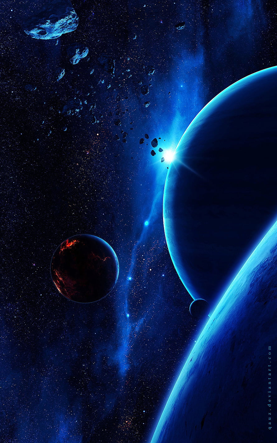 Vast Cosmic Scene Featuring Glowing Blue Planets, Asteroids, and a Distant Star in Deep Space HD phone wallpaper