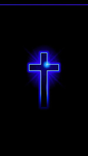 Glowing Blue Neon Cross on Black Background with Radiant Light Rays HD phone wallpaper