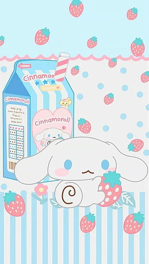 Cinnamoroll Holding Strawberry in Pastel Blue and Pink Kawaii Illustration HD phone wallpaper