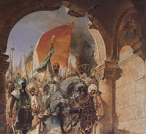 Fatih Sultan Mehmet Entering Istanbul on Horseback with Ottoman Banner HD wallpaper