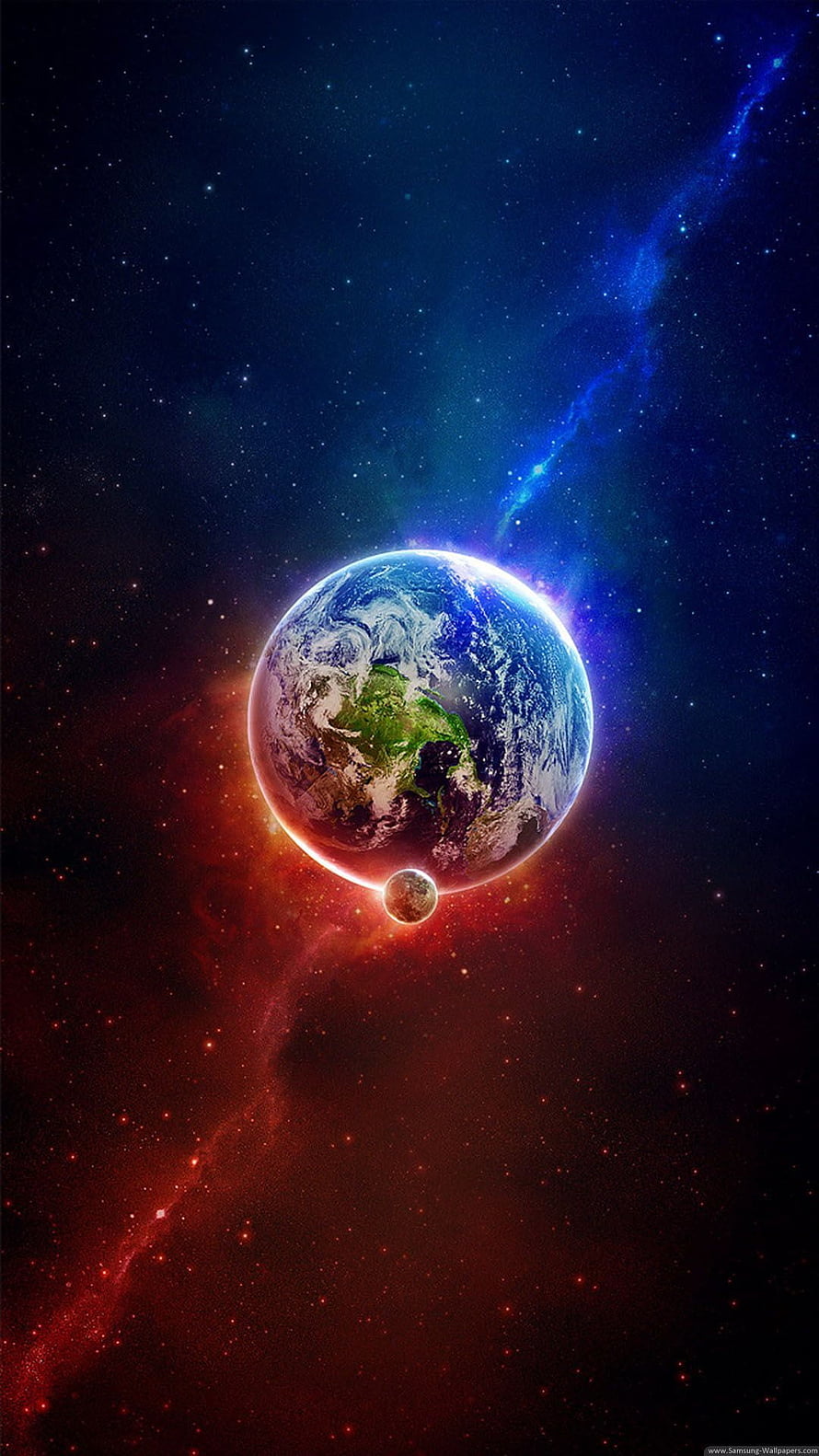 Earth and Moon Floating in Vibrant Cosmic Nebula with Star Fields HD phone wallpaper