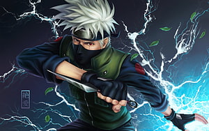 Kakashi Hatake in Dynamic Combat Pose with Lightning Effects and Kunai HD wallpaper
