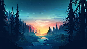 Stylized Digital Art of a Serene Forest River at Sunset with Pine Trees and Mountains HD wallpaper
