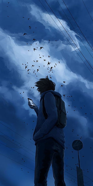 Anime Boy With Backpack And Phone Under Stormy Sky With Flying Birds HD phone wallpaper