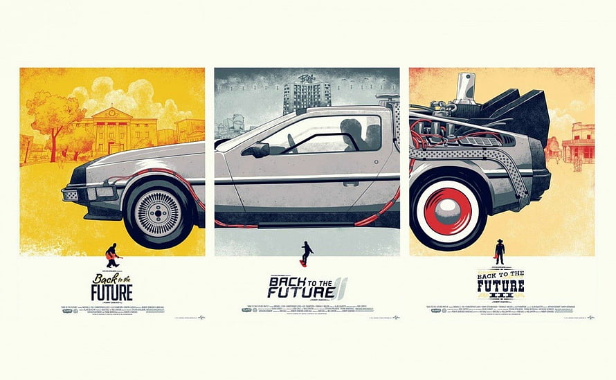 Back to the Future Trilogy Poster Art Featuring the DeLorean Time Machine HD wallpaper