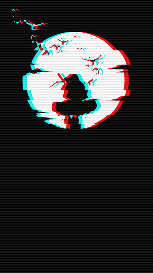 Itachi Uchiha Glitch Art Silhouette with Red and Cyan Chromatic Aberration on Dark Background HD phone wallpaper