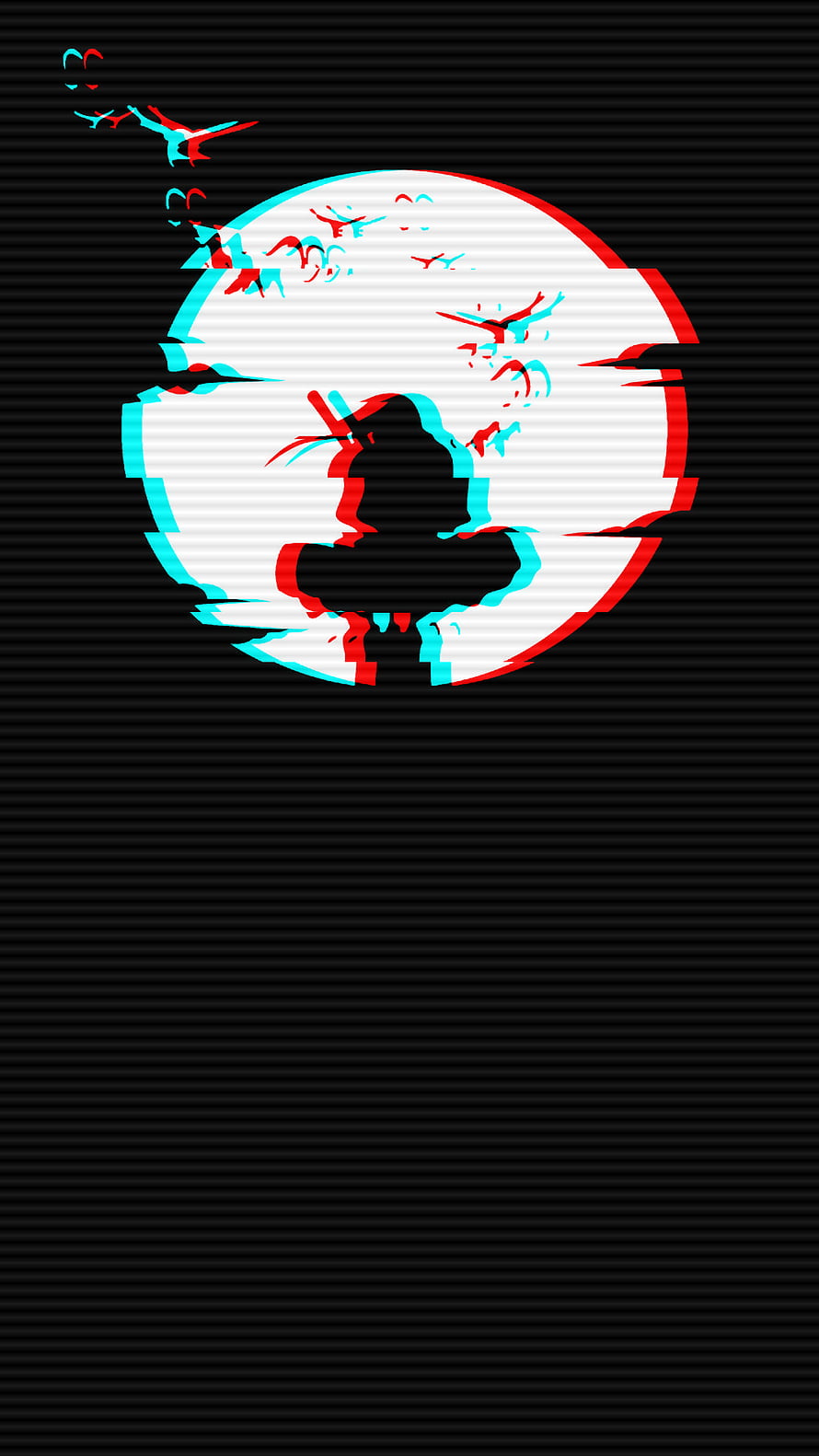 Itachi Uchiha Glitch Art Silhouette with Red and Cyan Chromatic Aberration on Dark Background HD phone wallpaper