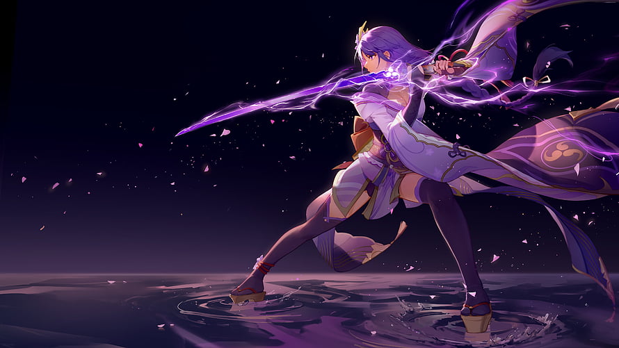 Raiden Shogun Wielding Purple Lightning Sword in Genshin Impact Anime Artwork HD wallpaper
