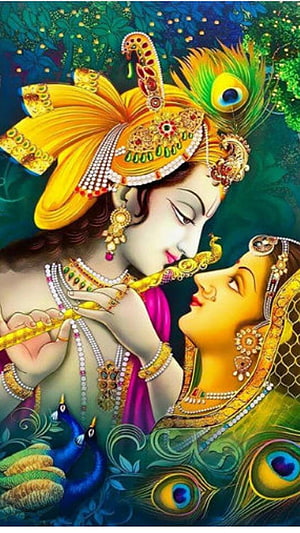Radha Krishna Playing Flute in Lush Garden with Peacock Feathers and Jewels HD phone wallpaper