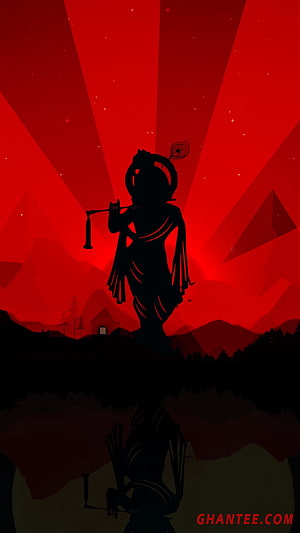 Krishna Silhouette Playing Flute Against Dramatic Red Sky HD phone wallpaper