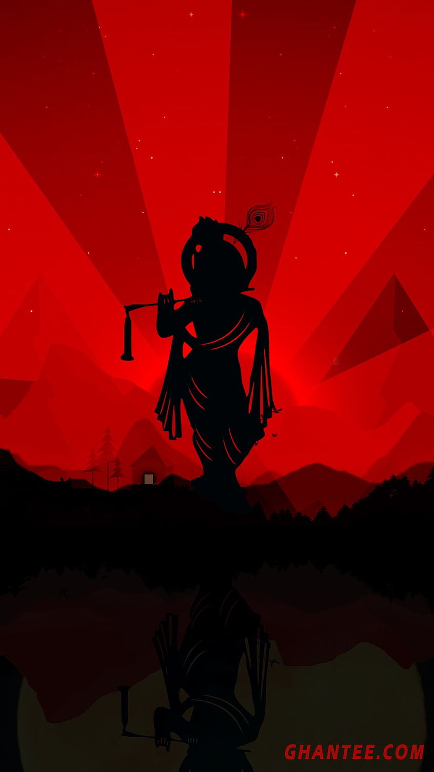 Krishna Silhouette Playing Flute Against Dramatic Red Sky HD phone wallpaper