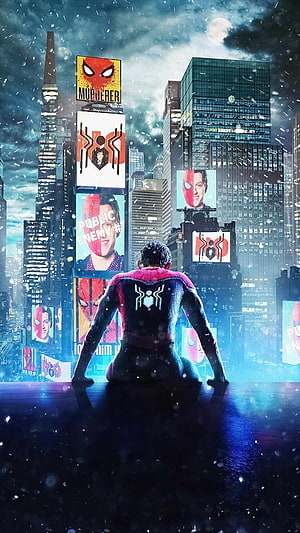 Spider-Man kneeling in a snowy cityscape with billboards declaring him a public enemy HD phone wallpaper