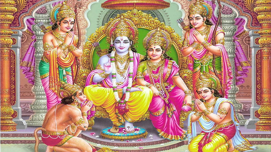 Ram Darbar with Sita and Vanara Devas in Ornate Temple Setting HD wallpaper
