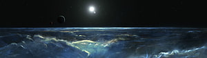 Panoramic View of a Distant Star and Moons Above a Cloudy Planet Surface HD wallpaper