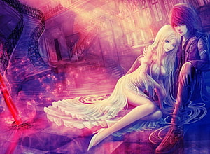 Romantic Anime Couple in Fantasy Setting with Pink and Purple Hues HD wallpaper